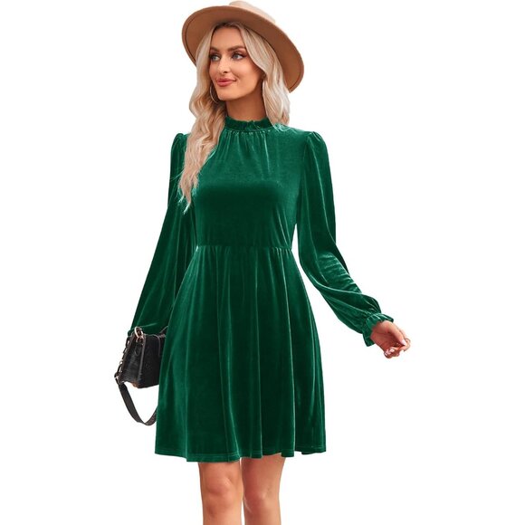 2023 Casual Velvet Dress for Women - Puff Sleeve, A-Line, and Machine Washable - Picture 4 of 6